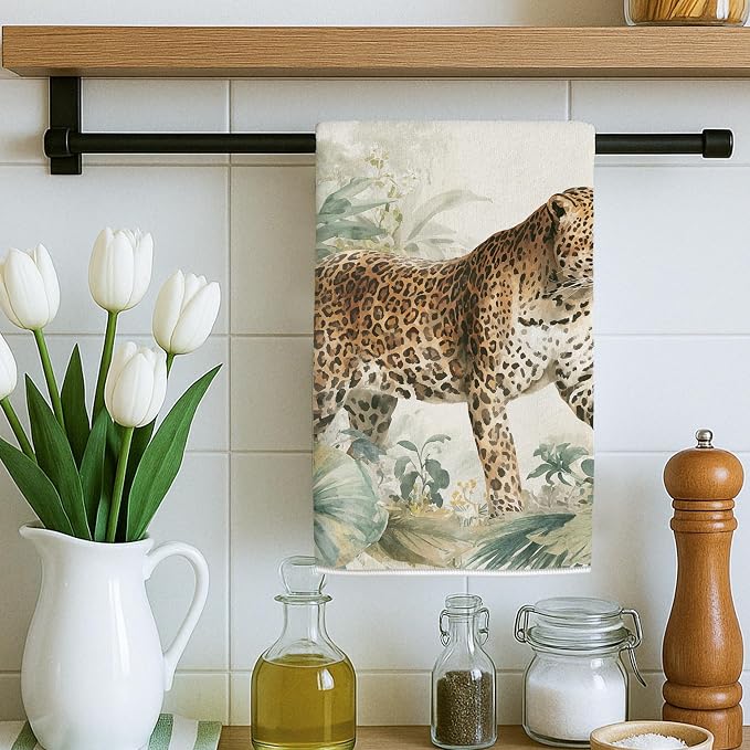 Leopard Kitchen Towels Set of 2, Tropical Naturalistic Tropical Leaves Flowers - Image 2