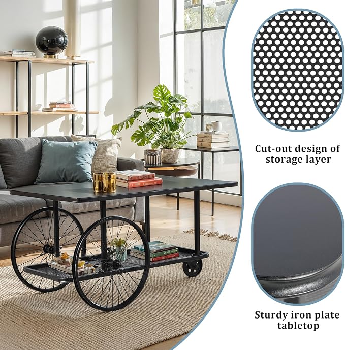 Industrial Metal Coffee Table in Living Room Rustic Mobile Serving Cart - Image 4