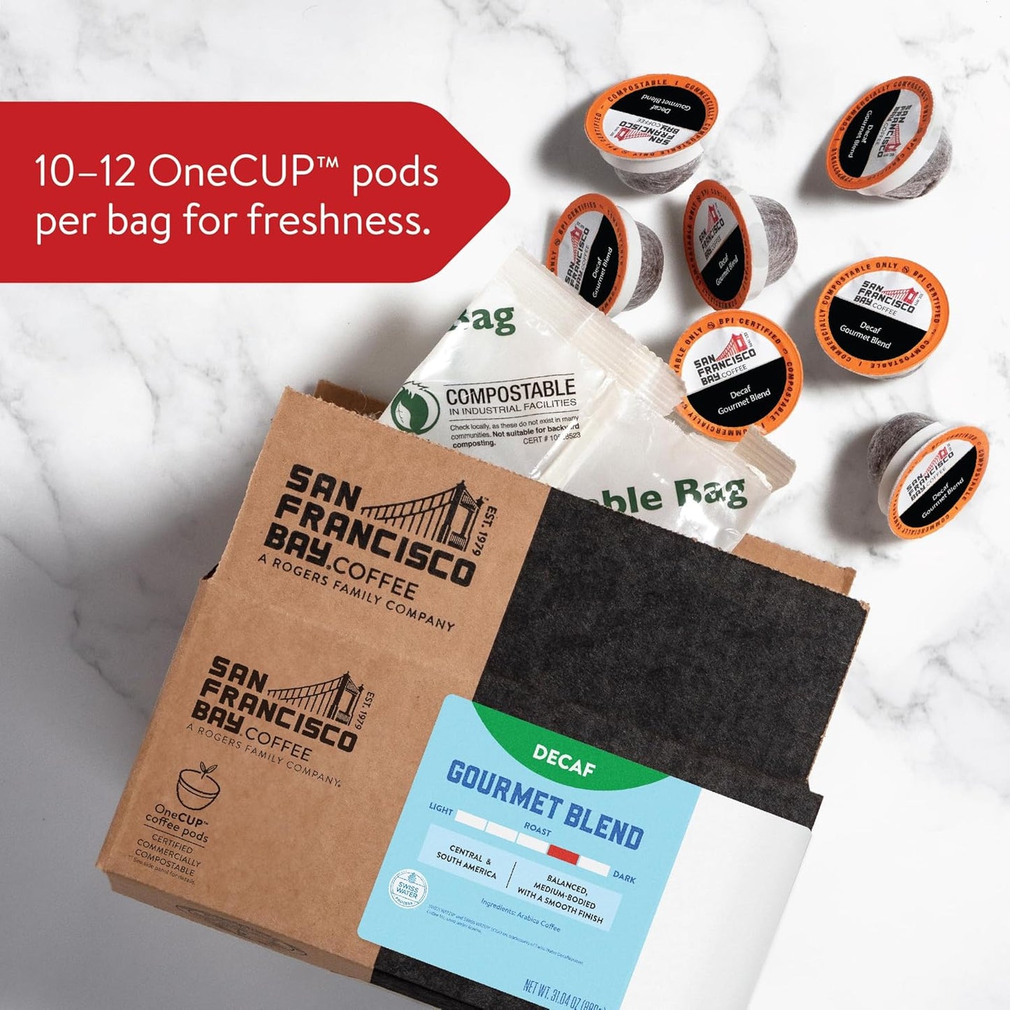 San Francisco Bay Coffee - Decaf Medium-Dark Roast - Decaf Gourmet Blend (80 ct) - Single Serve Coffee Pods, Swiss Water Processed, Commercially Compostable, K Cup Compatible