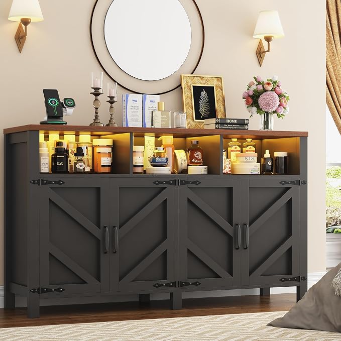 knoworld Buffet Sideboard with Storage with Power Outlets & LED Light 4 Doors - Image 8