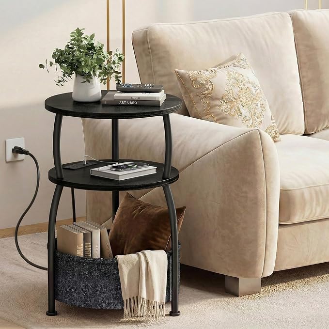 Round Side Table with Charging Station, USB Type C Port, Space Saving, Tall - Image 6