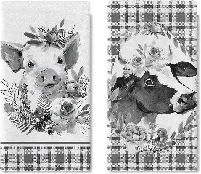 Farm Animal Kitchen Dish Towels Set of 2, Farmhouse Pig Cow Black White Buffalo by Croar