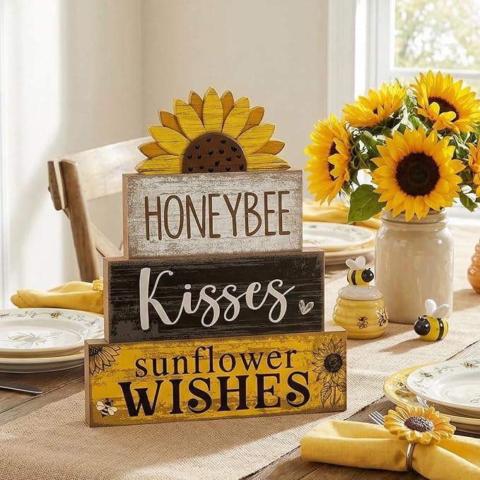 Lineshading 4 Pcs Summer Table Decor Wooden Sunflower Tiered Tray Decor Rustic - Image 7