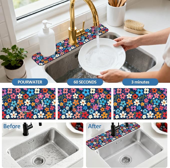 2 Pcs Floral Print Kitchen Sink Splash Guard Faucet Mat Plants Floral patterns - Image 5