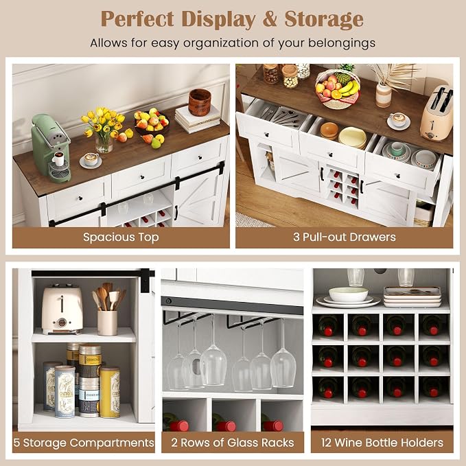 Giantex Wine Bar Cabinet with LED Lights, 3 Drawer, Adjustable Shelf, 12 Bottle - Image 6