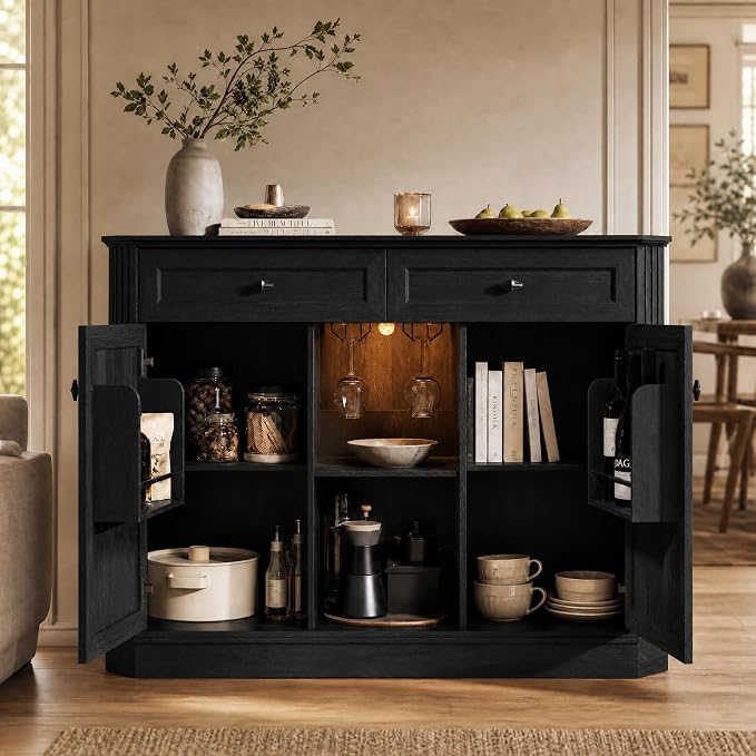 Black Coffee Bar with 2 Drawers & 2 Doors, LED Wine Bar Cabinet with Wine - Image 7