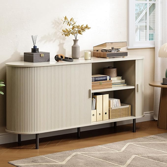 Buffet Cabinet with Storage, Fluted Sideboard Buffet with Sliding Door - Image 7