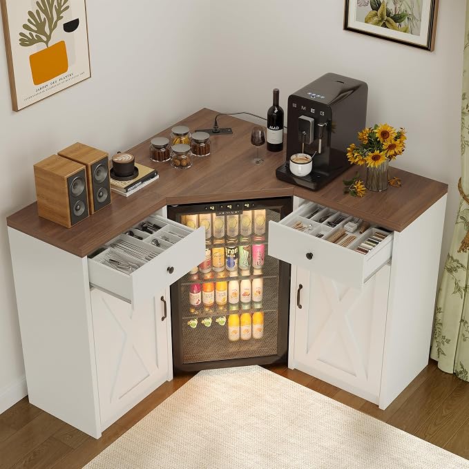 Coffee Bar Cabinet with Fridge Space, Corner Bar Cabinet with Fridge Space - Image 5
