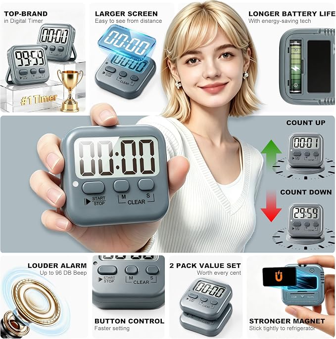 Antonki 2 Pack Digital Timer for Kids, Magnetic Countdown Kitchen Timers for - Image 4