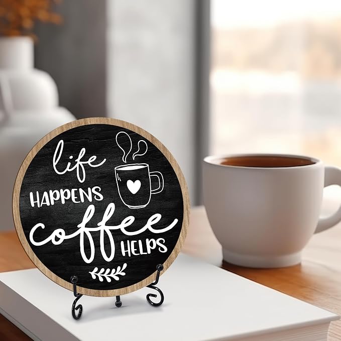 Coffee Bar Sign, Round Wooden Plaque, 6 Inches, Modern Style, Tabletop Mount - Image 3