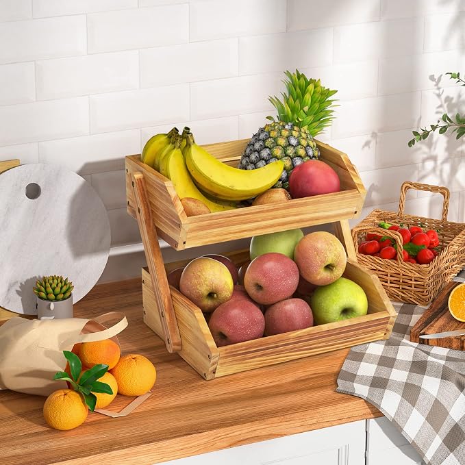 G.a HOMEFAVOR Fruit Basket: 2-Tier Pine Wood Fruit Bowl - Image 4