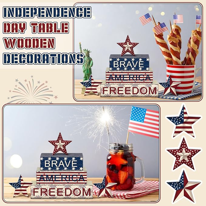 Geelin 6 Pieces 4th of July Table Decorations Patriotic Wooden Block Signs - Image 4