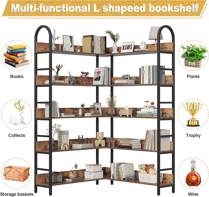 5 Tiers Tall Corner Bookshelf, Large Heavy Duty Industrial Corner Bookcase - Image 8