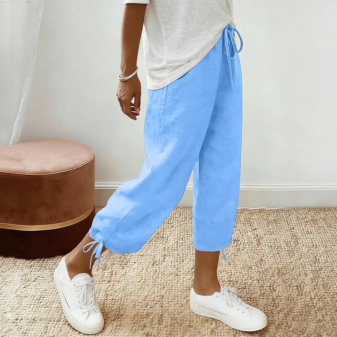 Linen Capri Pants for Women Drawstring Elastic Wide Leg Trouser 2026 Summer - Image 2