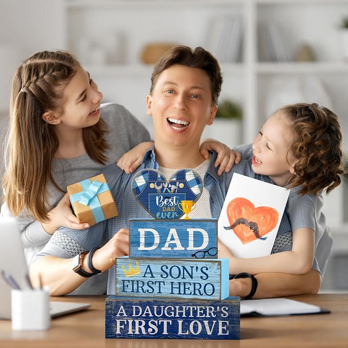 Lineshading 4 Pcs Fathers Day Table Decorations Wooden Blue Heart Trophy Decor - Image 7