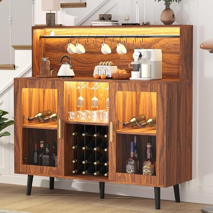 Wine Bar Cabinet with LED Light, Liquor Coffee Cabinet Bar w/Wine Rack & Glass by Dephet