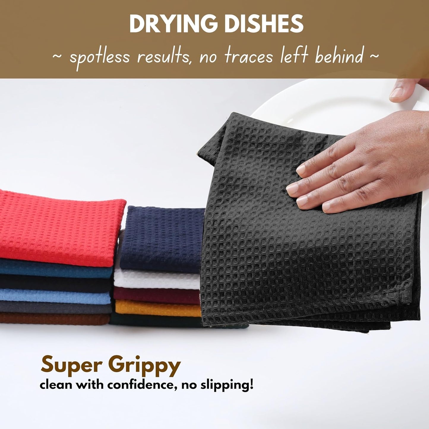 Native Fab 18 Pack Waffle Dish Cloths - 100% Cotton, 12x12 inch, Absorbent, Quick Drying, Washable Towels for Cleaning, Cooking & Baking - Perfect for Home, Restaurants, Bars, Multi Use - Black