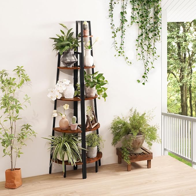 Yoobure 5‑Tier Corner Shelf – Sturdy Metal Frame & Wood Ladder Bookshelf - Image 6