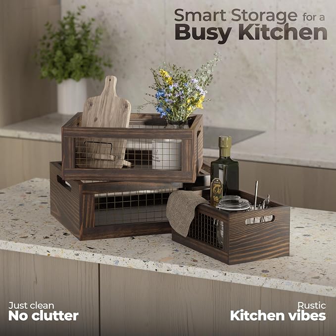 Set of 3 Extra Large Wooden Nesting Countertop Baskets, Rustic Wood Storage - Image 5