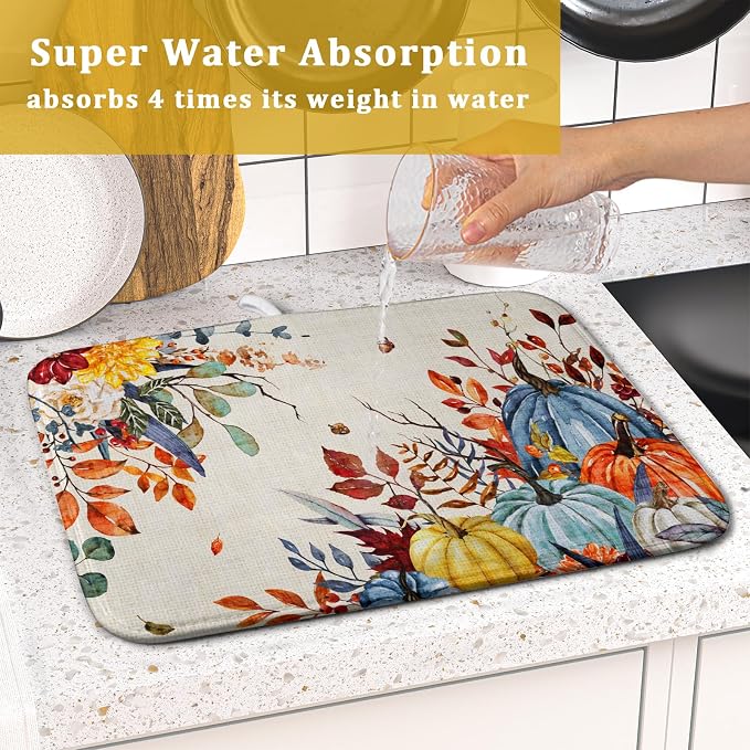 Giwawa Fall Dish Drying Mat for Kitchen Countertop, Watercolor Autumn Teal Blue - Image 7