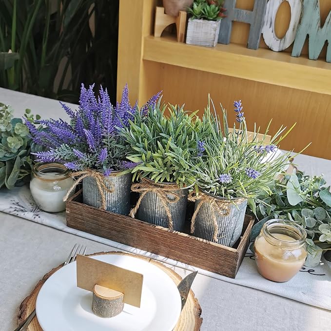 Set of 3 Small Potted Plants Arrangement Artificial Lavender and Grass Plants - Image 4