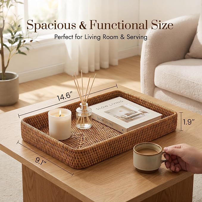 14.6" x 9.1" Large Wicker Storage Tray, Natural Rattan Basket Decorative - Image 2