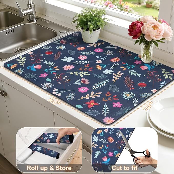 LOKHOM Dish Drying Mat for Kitchen Counter, Vintage Dish Drainer Rack Mat - Image 3
