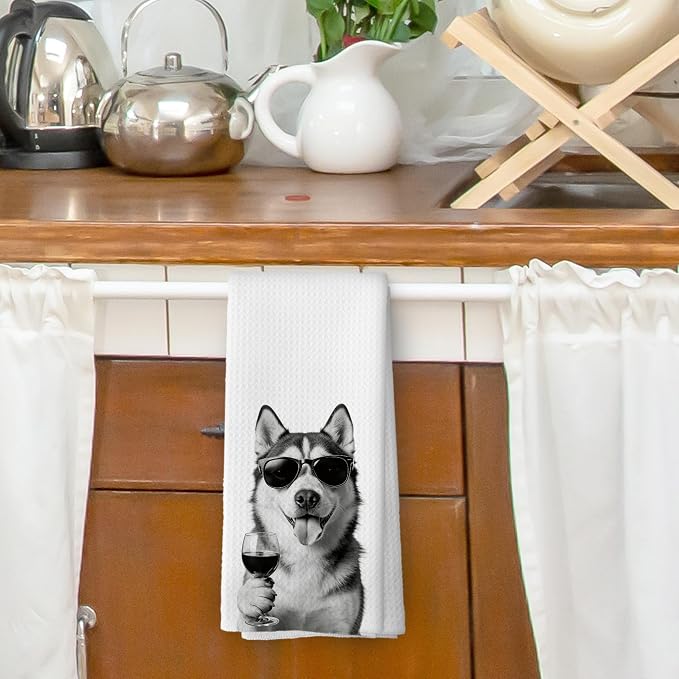 Funny Siberian Husky Wine Bar Kitchen Dish Towels, Siberian Husky Gifts - Image 2