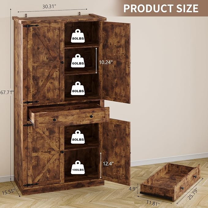 BORNOON Pantry Organizers and Storage Cabinet, 67.71” Barn Door White Kitchen - Image 2