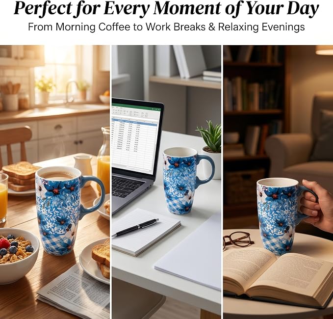 Topadorn Blue Floral Ceramic Travel Mug - Image 3