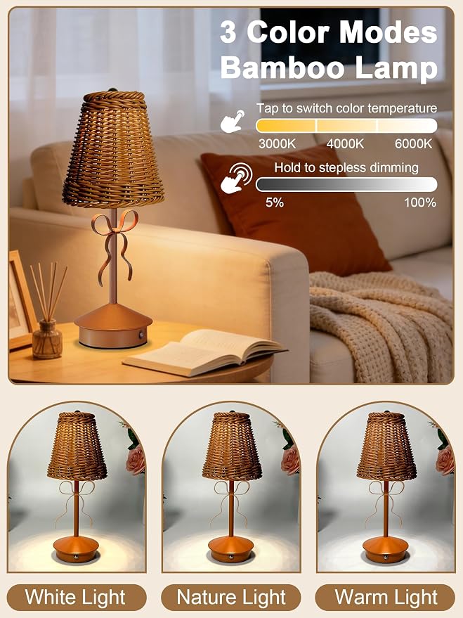 Boho Rattan Table Lamp, Small Wicker Lamp, Vintage Bow Lamp - Image 2