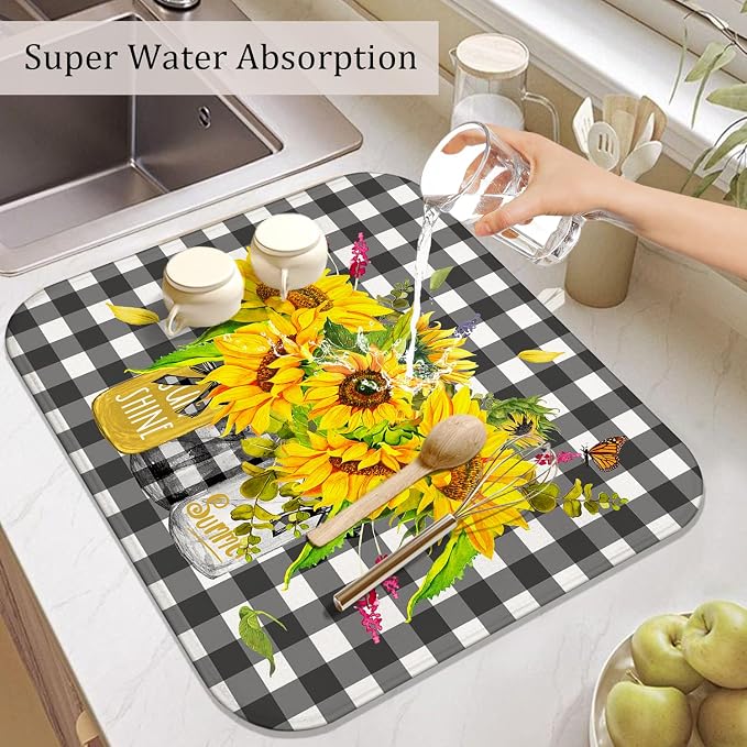 Sunflower Dish Drying Mat for Kitchen Counter, Washable Absorbent Kitchen - Image 5