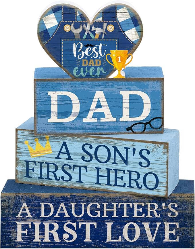 Lineshading 4 Pcs Fathers Day Table Decorations Wooden Blue Heart Trophy Decor by Lineshading