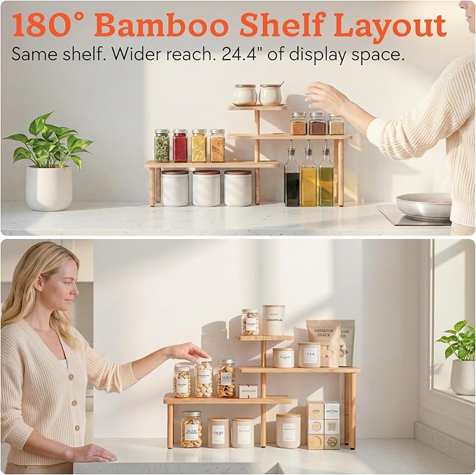 HOMESTEAD 3-Tier Bamboo Corner Shelf Organizer, 90° or 180° Layout Countertop - Image 5
