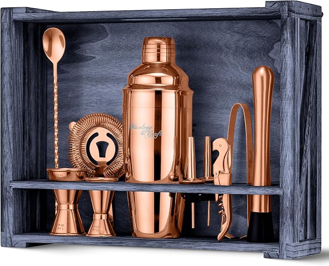Mixology & Craft Rustic Cocktail Shaker Set – Includes Wood Stand, Complete by MixologyCraft