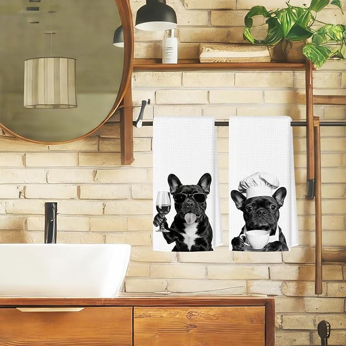 Funny French Bulldog Kitchen Towels Set of 2, Dog Kitchen Bar Accessories - Image 4