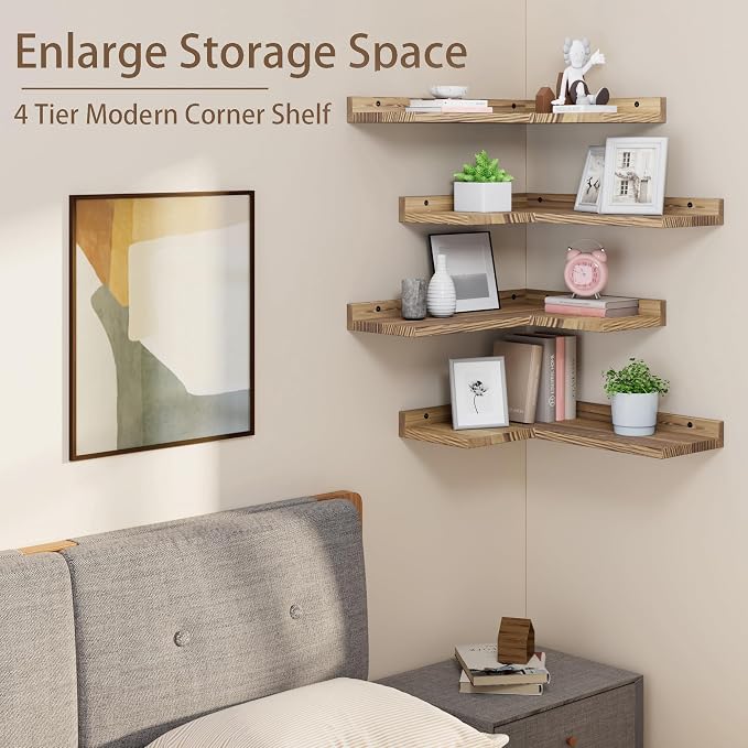 4 Tier Floating Corner Shelves Set of 4, Rustic Pine Wood Floating Corner Wall - Image 5