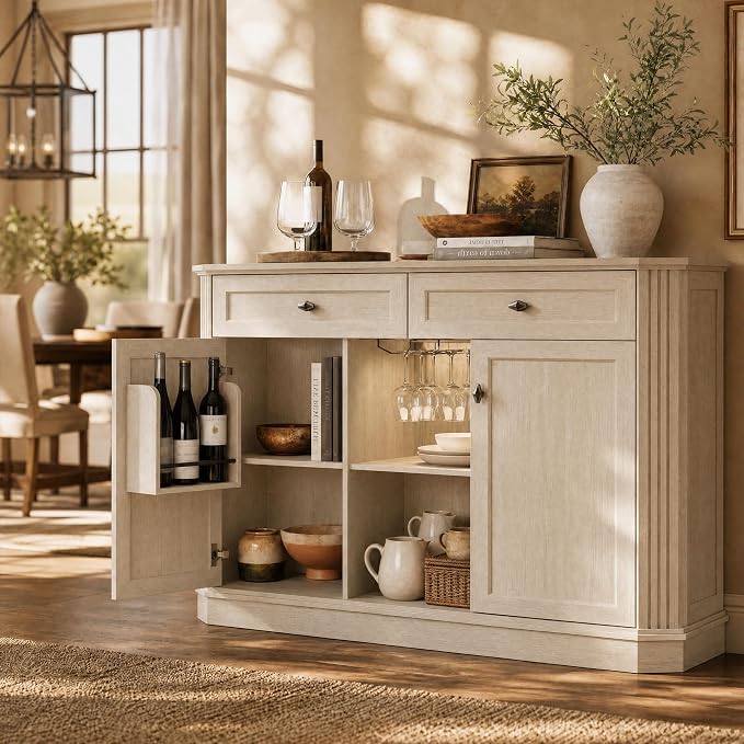 White Coffee Bar with 2 Drawers & 2 Doors, LED Wine Bar Cabinet with Wine - Image 8