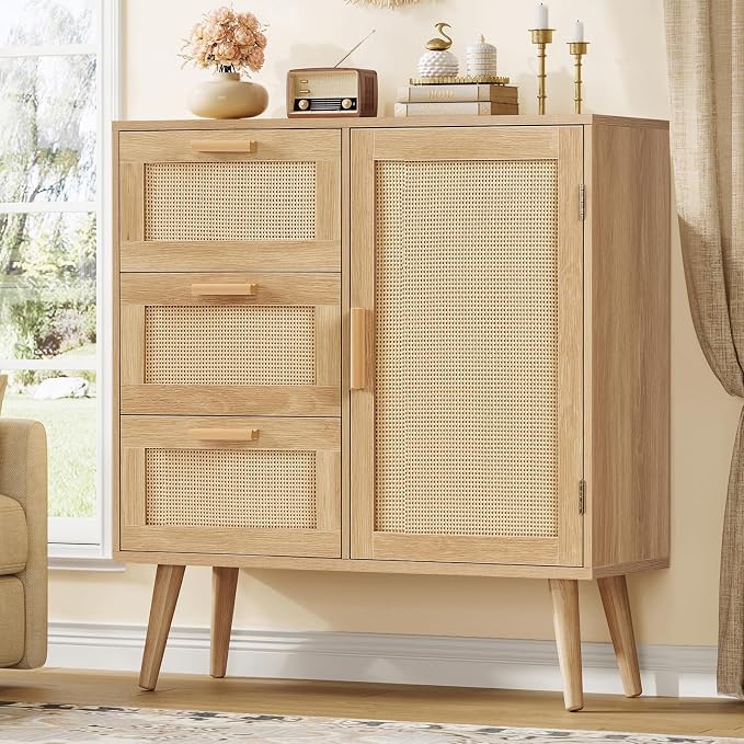 TEENFON Storage Cabinet with Rattan Door & 3 Drawers, Rattan Cabinet with - Image 2