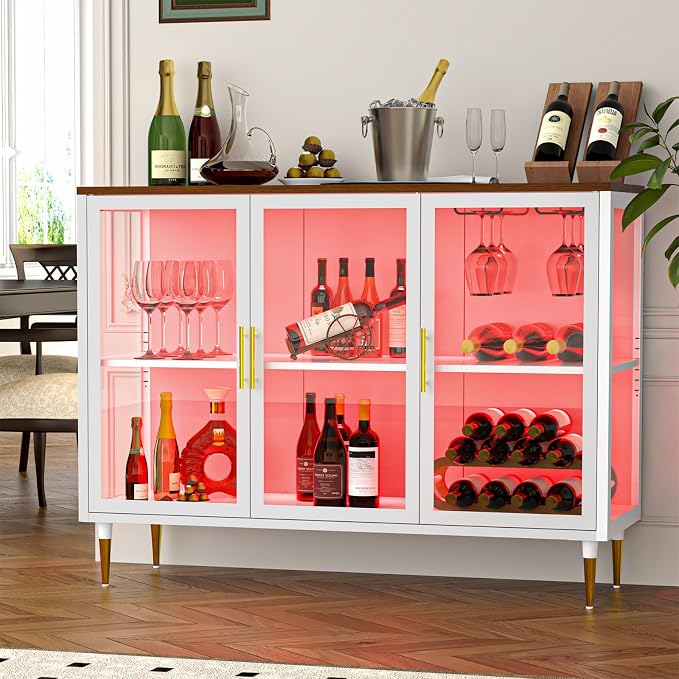 Wine Bar Cabinet with LED Lights, Metal Wood Home Coffee Bar Cabinet with Glass - Image 8