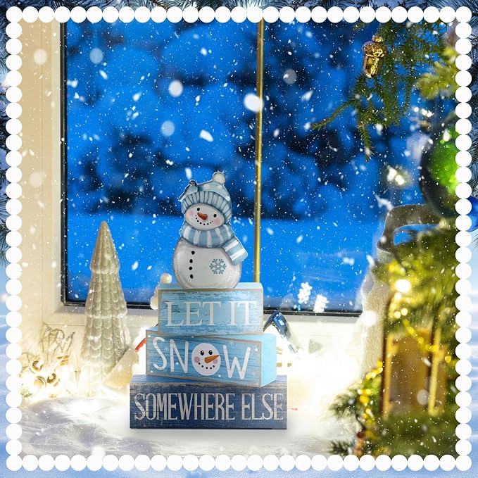 Lineshading 4 Pcs Snowman Christmas Table Decorations Blue and White Wooden - Image 7