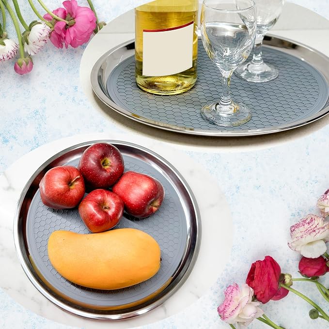 Stainless Steel Round Serving Tray 13.3 Inches Bar Silver Tray 2 Packs - Image 3