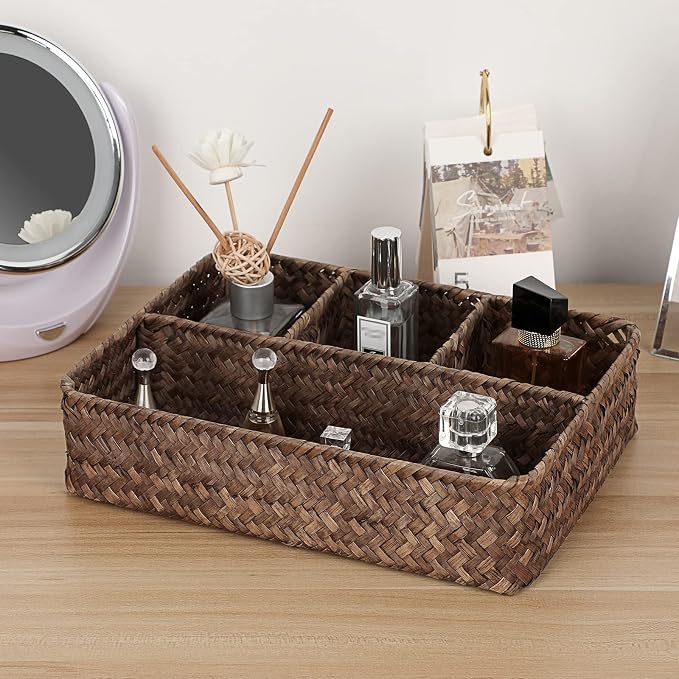 Hipiwe Wicker Basket Bin 4-Section Handwoven Tea Bag Basket Organizer Seagrass - Image 6