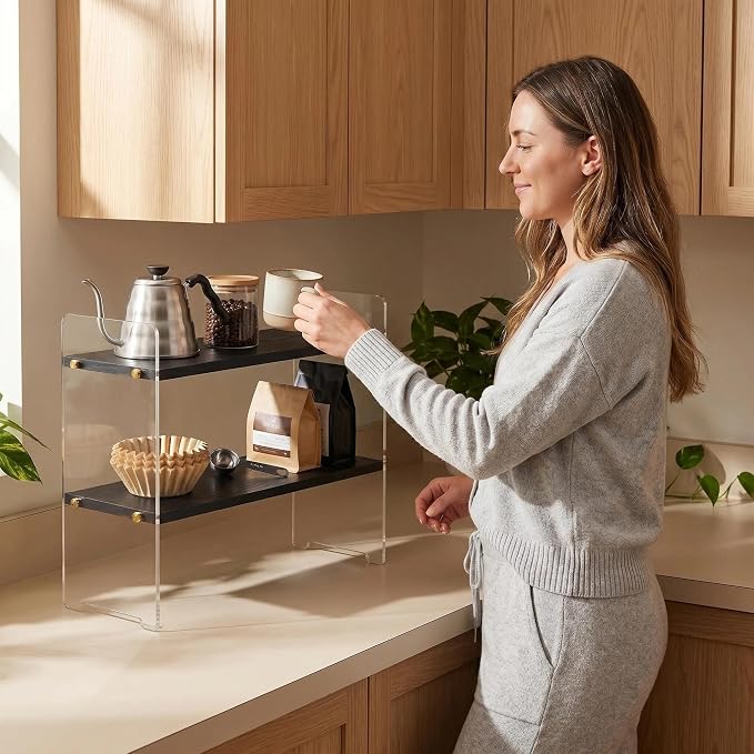 Coffee Station Organizer 2 Tier, Solid Wood Mug Shelffor Coffee Bar, Matcha - Image 4
