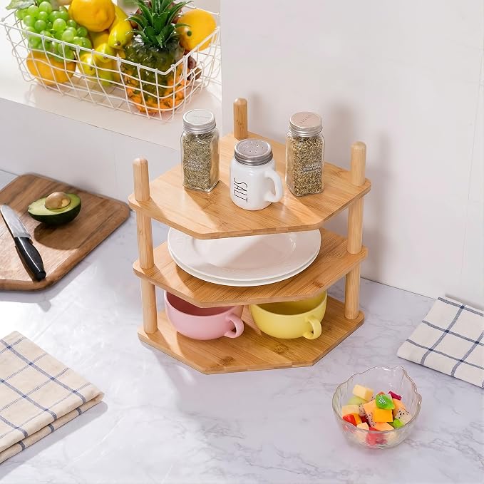 3-Tier Expandable Bamboo Corner Shelf - Image 2