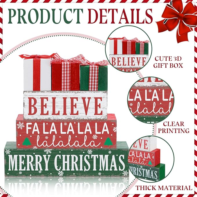 Geelin 4 Pieces Merry Christmas Wooden Table Decorations Xmas Wood Gift Boxes - Image 5