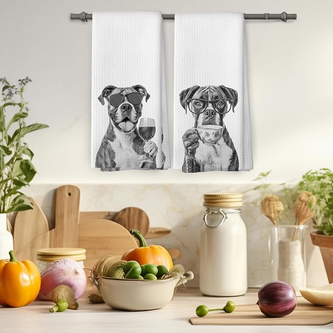 Funny Boxer Kitchen Towels Set of 2, Funny Dog Kitchen Accessories, Coffee - Image 4