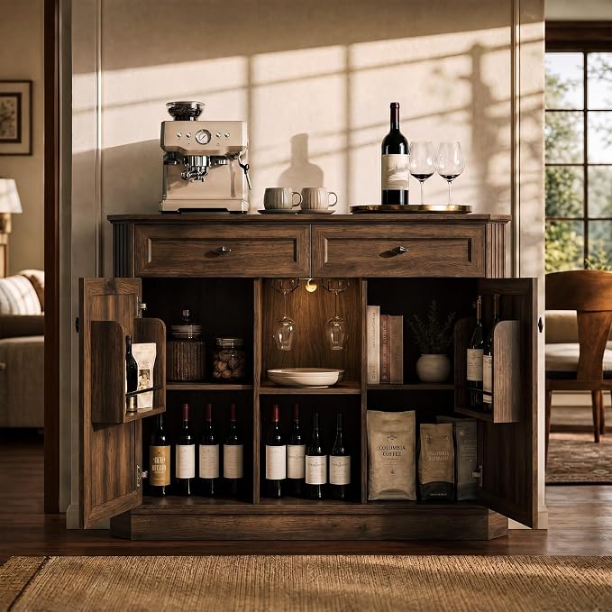 Walnut Coffee Bar with 2 Drawers & 2 Doors, LED Wine Bar Cabinet with Wine - Image 2