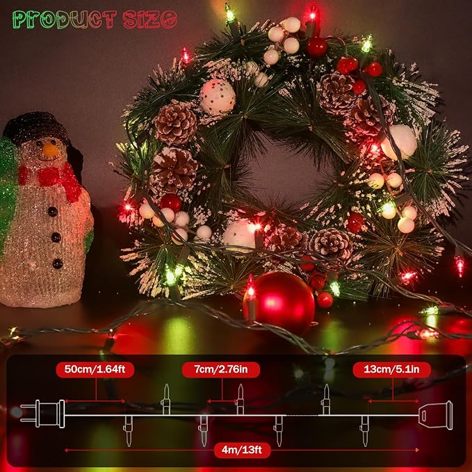 Red and Green Christmas Lights, 13FT 50 Count Incandescent Blub Mini Lights - Image 5
