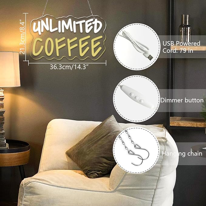 Unlimited Coffee Neon Sign Cool White and Warm White LED Light Dimmable USB - Image 5